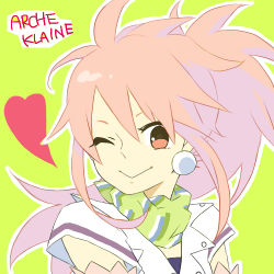 Rule 34 | 1girl, arche klein, bra, character name, earrings, elbow gloves, gloves, heart, jewelry, lowres, one eye closed, pink eyes, pink hair, ponytail, scarf, smile, tales of (series), tales of phantasia, underwear, wink