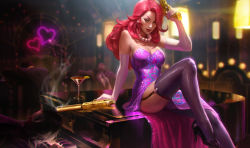Rule 34 | 1girl, alcohol, alternate costume, bar (place), bare shoulders, black footwear, breasts, cleavage, cocktail dress, cocktail glass, commentary, cup, death, dress, drinking glass, dual wielding, elbow gloves, english commentary, eyeshadow, garter straps, gloves, golden gun, grand piano, green eyes, gun, handgun, high heels, highres, holding, instrument, jewelry, kilart, league of legends, leg up, lipstick, long hair, looking at viewer, makeup, making-of available, medium breasts, miss fortune (league of legends), multiple boys, necklace, nose, official art, pearl necklace, piano, pistol, pumps, purple dress, purple legwear, red hair, secret agent miss fortune, shiny clothes, shoes, smoke, smoking gun, solo focus, suppressor, wavy hair, weapon, white gloves