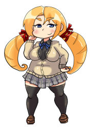 Rule 34 | 1girl, bad id, black shirt, black thighhighs, blonde hair, blue bow, blue bowtie, blue eyes, blush, borrowed character, bow, bowtie, breasts, breasts apart, brown footwear, cardigan, chibi, collared shirt, drill hair, full body, hand on own hip, kaori l rabbit, loafers, lollipopcon, medium breasts, miniskirt, muchigaku, original, pleated skirt, plump, shirt, shoes, simple background, skirt, smile, solo, standing, thighhighs, twin drills, twintails, zettai ryouiki
