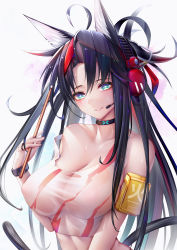 Rule 34 | 1girl, absurdres, ahoge, animal ears, arknights, bad id, bad pixiv id, bare shoulders, binggong asylum, black choker, black hair, blaze (arknights), blaze (burst feline) (arknights), blue eyes, breasts, cat ears, cat tail, choker, cleavage, commentary request, crop top, drumsticks, grin, hand up, head tilt, headphones, headset, highres, holding, infection monitor (arknights), long hair, looking at viewer, messy hair, midriff, official alternate costume, parted lips, smile, solo, strap slip, tail, tank top, upper body, white tank top