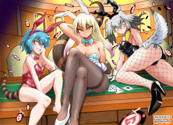 Rule 34 | 3girls, alternate costume, animal ears, aqua eyes, aqua hair, arm behind head, arm support, arm up, ass, bandaid, bandaid on knee, bandaid on leg, bare legs, bare shoulders, barefoot, between legs, bird tail, black hair, black leotard, blonde hair, blue leotard, bow, bowtie, breasts, brown hair, casino, casino card table, cleavage, closed mouth, collarbone, crossed legs, dated, detached collar, dutch angle, expressionless, fake animal ears, fang, fishnet legwear, fishnets, flat chest, gloves, green eyes, grey hair, hair between eyes, hair intakes, hairband, hand between legs, hand on own cheek, hand on own face, hand on own thigh, hand rest, hand up, high heels, indoors, japari symbol, kemono friends, king cobra (kemono friends), knee up, kneeling, large breasts, leaning forward, leaning to the side, leotard, long hair, looking at viewer, medium breasts, medium hair, multicolored eyes, multicolored hair, multiple girls, open mouth, pantyhose, parted lips, playboy bunny, poker chip, purple hair, rabbit ears, red eyes, red leotard, saijou k, shoebill (kemono friends), shoes, sitting, snake tail, strapless, strapless leotard, table, tail, tan, tsuchinoko (kemono friends), twintails, twisted torso, twitter username, two-tone hair, v-shaped eyebrows, wing collar, yellow eyes