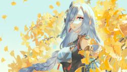 Rule 34 | 1girl, absurdres, aqua eyes, braid, chinese clothes, earrings, genshin impact, ginkgo leaf, ginkgo tree, green background, grey hair, harushio, highres, jewelry, leaf, long hair, low ponytail, parted lips, shenhe (genshin impact), solo, tassel, tassel earrings