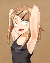 Rule 34 | 10s, 1girl, armpits, arms up, blush stickers, breasts, brown eyes, brown hair, camisole, dagashi kashi, endou saya, fang, hair ornament, hairclip, highres, long hair, sat-c, sideboob, small breasts, smile, solo, upper body