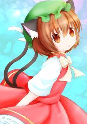 Rule 34 | 1girl, absurdres, animal ears, bow, bowtie, brown eyes, brown hair, cat ears, cat tail, chen, hat, highres, looking at viewer, mob cap, multiple tails, parted lips, short hair, solo, tail, touhou, uru (uru0301)