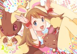 Rule 34 | 1girl, :d, animal ears, brown hair, buneary, commentary request, creatures (company), easter, emphasis lines, evolutionary line, eyelashes, fake animal ears, game freak, gen 4 pokemon, grey eyes, hairband, happy easter, long hair, looking at viewer, lopunny, may (pokemon), may (spring 2021) (pokemon), nintendo, official alternate costume, open mouth, pantyhose, pokemon, pokemon (creature), pokemon masters ex, punico (punico poke), rabbit pose, short sleeves, smile, tongue, wrist cuffs, yellow hairband, yellow pantyhose