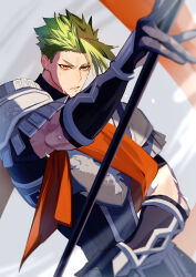 Rule 34 | 1boy, absurdres, achilles (fate), armor, black shirt, clenched teeth, fate/grand order, fate (series), gauntlets, green hair, grey background, haruakira, highres, holding, holding polearm, holding weapon, male focus, orange sash, pauldrons, polearm, ribbed shirt, shirt, short hair, shoulder armor, solo, spiked hair, sweat, sweatdrop, teeth, weapon, yellow eyes