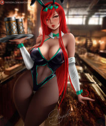 Rule 34 | 1girl, animal ears, arm support, bare shoulders, blush, breasts, brown eyes, clothing cutout, curvy, detached sleeves, drink, erza scarlet, fairy tail, fake animal ears, hair ornament, hayes irina, highleg, highleg leotard, holding, indoors, large breasts, leotard, lips, long hair, looking at viewer, navel, navel cutout, neckerchief, patreon username, playboy bunny, red hair, signature, solo, thighs