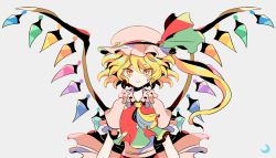Rule 34 | 1girl, alternate eye color, blonde hair, colorful, commentary request, crescent, crystal, flandre scarlet, grey background, hat, hat ribbon, highres, long hair, looking at viewer, mizuki tsukimori, mob cap, pink hat, pink shirt, red ribbon, red vest, ribbon, shirt, short sleeves, side ponytail, simple background, smile, solo, split mouth, touhou, vest, wings, yellow eyes, yellow neckwear