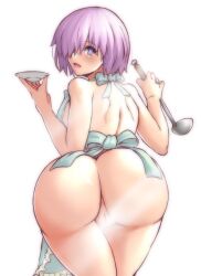 Rule 34 | 1girl, akaichikushou, apron, ass, back, cleft of venus, fate/grand order, fate (series), from behind, hair over one eye, highres, huge ass, looking at viewer, looking back, makka na kedamono, mash kyrielight, naked apron, no bra, no panties, open mouth, pink eyes, pink hair, pussy, short hair, simple background, thighs, white apron, white background