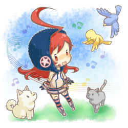 Rule 34 | ahoge, android, animal, belt, bird, boots, cat, chibi, dog, dress, gloves, grass, head scarf, headset, joints, kneehighs, momiji rou, musical note, red eyes, red hair, robot joints, sf-a2 miki, sky, socks, solo, star (symbol), striped clothes, striped gloves, striped socks, vocaloid, wrist cuffs