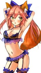 Rule 34 | 10s, 1girl, animal ears, arms behind head, black bra, black panties, black thighhighs, blue bow, blue neckwear, bow, bow bra, bra, breasts, cleavage, cowboy shot, eyes visible through hair, fate/extra, fate/grand order, fate (series), fox ears, fox tail, frilled bra, frilled panties, frilled thighhighs, frills, garter belt, hair bow, kayanogura, lingerie, long hair, looking at viewer, medium breasts, navel, panties, parted lips, pink hair, simple background, solo, standing, tail, tamamo no mae (fate/extra), thighhighs, underwear, white background, yellow eyes