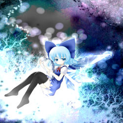 Rule 34 | 1girl, bad id, bad pixiv id, blue eyes, blue hair, bow, cirno, cocozasa, dress, hair bow, harp, highres, ice, ice wings, instrument, matching hair/eyes, ribbon, short hair, solo, thighhighs, touhou, wings
