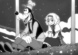Rule 34 | 1girl, alice margatroid, animal ears, capelet, closed mouth, colorfulkitten, commentary, disney, dog ears, dress, english commentary, frilled hairband, frills, gloves, goofy, greyscale, hairband, hat, long sleeves, monochrome, night, outdoors, pants, parody, shoes, short hair, sitting, sky, smile, star (sky), starry sky, third-party edit, third-party source, touhou, vest, wavy hair
