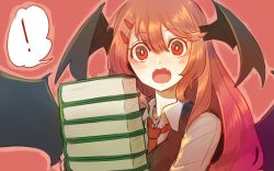 Rule 34 | !, 1girl, bad id, bad twitter id, bat wings, blush, book, book stack, bright pupils, fangs, hair ornament, hair wings, hairclip, head wings, holding, holding book, jewelry, keemoringo, koakuma, long sleeves, looking at viewer, multiple wings, necklace, necktie, open mouth, red background, red eyes, red hair, red necktie, simple background, sketch, solo, spoken exclamation mark, touhou, upper body, vest, wide-eyed, wings
