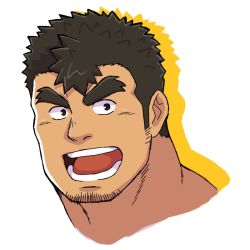 Rule 34 | 1boy, close-up, cropped shoulders, facial hair, forked eyebrows, goatee, long sideburns, male focus, portrait, shigetashigezo, short hair, sideburns, smile, solo, stubble, takabushi kengo, thick eyebrows, tokyo houkago summoners