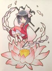 Rule 34 | 1girl, absurdres, black hair, bloomers, commentary request, detached sleeves, flower, gohei, hair ribbon, hakurei reimu, highres, holding, holding gohei, kaigen 1025, long sleeves, lotus, marker (medium), no shoes, pink flower, purple eyes, red skirt, red vest, ribbon, seihou, simple background, skirt, sleeves past fingers, sleeves past wrists, socks, solo, traditional media, underwear, vest, white background, white ribbon, white sleeves, white socks