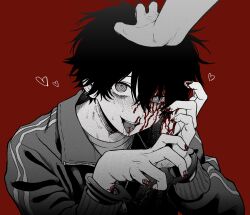 Rule 34 | 1boy, 1other, absurdres, blood, blood on face, blood on hands, broken fingernails, cuffs, greyscale, hair between eyes, hand on another&#039;s head, handcuffs, heart, highres, imai akira, jacket, long sleeves, looking at viewer, male focus, monochrome, open mouth, original, red background, saliva, simple background, spot color, sweat, tears, tongue, tongue out, upper body