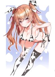Rule 34 | 1girl, absurdres, animal ears, animal print, bare shoulders, bikini, breasts, brown hair, cleavage, closed mouth, collarbone, cow ears, cow print, cow print bikini, fake animal ears, gloves, hair ornament, hand on own hip, highres, johnston (kancolle), kantai collection, leaning forward, long hair, looking at viewer, medium breasts, print bikini, red eyes, scan, side-tie bikini bottom, simple background, single glove, solo, swimsuit, takanashi kei (hitsujikan), thighhighs, thighs
