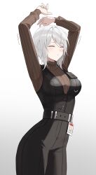 Rule 34 | 1girl, absurdres, arms up, black dress, blush, breasts, brown sweater, closed eyes, closed mouth, commentary request, dress, eonyan (chaeyang), facing viewer, faust (project moon), gradient background, grey background, grey hair, highres, limbus company, long sleeves, medium breasts, project moon, puffy long sleeves, puffy sleeves, ribbed sweater, solo, stretching, sweater, trembling, turtleneck, turtleneck sweater, white background
