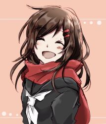 Rule 34 | 1girl, ^ ^, black sailor collar, black shirt, closed eyes, commentary request, enpera, facing viewer, hair ornament, hairclip, happy, kagerou project, kanako-n-03-04, long hair, neckerchief, open mouth, pink background, red scarf, sailor collar, scarf, school uniform, serafuku, shirt, simple background, sketch, smile, solo, tateyama ayano, upper body, white neckerchief