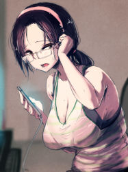 Rule 34 | 1girl, at2., black hair, braid, breasts, brown eyes, cellphone, glasses, goggles, hairband, large breasts, phone, smartphone, solo, sweat