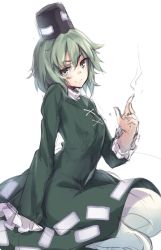 Rule 34 | &gt;:), 1girl, closed mouth, dress, ghost tail, green dress, green eyes, green hair, hair between eyes, hat, highres, long sleeves, looking at viewer, oborofu, short hair, simple background, soga no tojiko, solo, tate eboshi, touhou, v-shaped eyebrows, white background