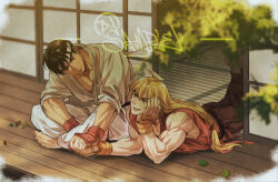 Rule 34 | 2boys, aged down, bara, barefoot, black hair, blonde hair, couple, dougi, elbow rest, eye contact, feet up, fingerless gloves, gloves, headband, highres, holding hands, interlocked fingers, ken masters, leaning forward, looking at another, lying, male focus, multiple boys, muscular, muscular male, on stomach, pectoral cleavage, pectorals, ryu (street fighter), short hair, sideburns, sitting, smile, street fighter, thick eyebrows, wooden floor, yaoi, yuiofire