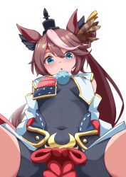 Rule 34 | 1girl, absurdres, alternate costume, animal ears, bare shoulders, black headwear, black leotard, blue eyes, blush, breasts, brown hair, chestnut mouth, clothing request, commentary request, cosplay, covered navel, detached sleeves, ear ornament, fate/grand order, fate (series), hair between eyes, highres, horse ears, horse girl, leotard, long hair, long sleeves, looking at viewer, multicolored hair, pom pom (clothes), ponytail, sanami (sanami t 38), simple background, small breasts, solo, spread legs, streaked hair, tokai teio (umamusume), umamusume, ushiwakamaru (fate), ushiwakamaru (fate) (cosplay), ushiwakamaru (tour outfit) (fate), white background, white hair