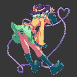 Rule 34 | 1girl, :d, bent over, black background, black hat, blouse, boots, bow, frilled sleeves, frills, full body, green eyes, green footwear, green hair, green panties, green skirt, hand on own leg, hat, hat bow, heart, heart of string, high heel boots, high heels, komeiji koishi, long sleeves, looking at viewer, lowres, open mouth, panties, pixel art, potemki11, shirt, short hair, simple background, skirt, smile, solo, striped clothes, striped panties, third eye, touhou, two-tone panties, underwear, white panties, wide sleeves, yellow bow, yellow shirt