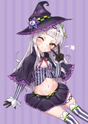 Rule 34 | 1girl, absurdres, black capelet, black gloves, black hat, black skirt, blunt bangs, blush, breasts, capelet, cleavage, commentary, cowboy shot, crop top, gloves, grin, groin, hair bun, hair ornament, hat, highres, hololive, ivan wang, long hair, long sleeves, looking at viewer, lowleg, lowleg skirt, midriff, murasaki shion, murasaki shion (1st costume), navel, one eye closed, one side up, pinstripe pattern, pinstripe shirt, purple background, shirt, sidelocks, silver hair, single hair bun, single side bun, sitting, skirt, small breasts, smile, solo, star (symbol), striped background, striped clothes, striped shirt, striped thighhighs, thighhighs, tilted headwear, v over eye, vertical-striped clothes, vertical-striped shirt, vertical-striped thighhighs, virtual youtuber, witch hat, yellow eyes, zettai ryouiki
