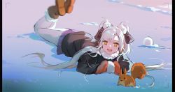 Rule 34 | 1girl, alternate costume, aug para (girls&#039; frontline), boots, commentary, girls&#039; frontline, hair ornament, highres, looking at viewer, lying, mittens, open mouth, pantyhose, smile (mm-l), snow, solo, squirrel, twintails, white pantyhose, winter clothes, yellow eyes