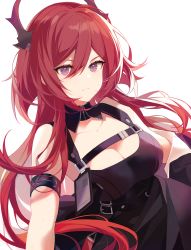 Rule 34 | 1girl, arknights, armband, bad id, bad pixiv id, bare shoulders, black dress, breasts, cleavage, commentary, dress, highres, horns, long hair, medium breasts, purple eyes, red hair, saibe, simple background, solo, surtr (arknights), upper body, white background