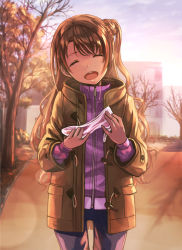 Rule 34 | 10s, 1girl, :d, ^ ^, autumn, bad id, bad pixiv id, bare tree, blush, brown coat, brown hair, building, closed eyes, coat, cowboy shot, facing viewer, glass slipper, head tilt, hyp, idolmaster, idolmaster cinderella girls, jacket, lens flare, long hair, long sleeves, one side up, open clothes, open coat, open mouth, outdoors, overcoat, purple jacket, shimamura uzuki, side ponytail, smile, solo, sunlight, sunset, track jacket, tree, unbuttoned, unfastened, zipper