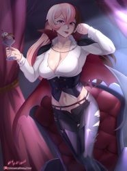Rule 34 | 1girl, :p, absurdres, breasts, brown eyes, brown hair, cleavage, cloak, collarbone, corset, couch, cowboy shot, cup, food, halloween, heterochromia, highres, ice cream, large breasts, long hair, long sleeves, looking at viewer, midriff, multicolored hair, navel, neo politan, pants, pink eyes, pink hair, rwby, shirt, solo, split-color hair, sundae, tongue, tongue out, torn clothes, torn pants, umbrella, vilde loh hocen, white hair, white shirt