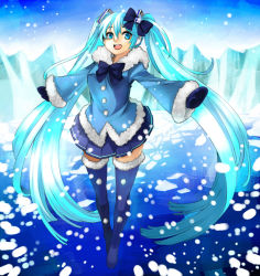 Rule 34 | 1girl, aqua eyes, aqua hair, bow, eiji (eiji), hatsune miku, long hair, mittens, open mouth, outstretched arms, skirt, solo, spread arms, thighhighs, twintails, very long hair, vocaloid, yuki miku