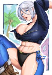 Rule 34 | 1girl, abs, angel (kof), backless pants, black gloves, blue eyes, bra, breasts, chaps, cleavage, crop top, cropped jacket, fingerless gloves, gloves, hair over one eye, highres, jacket, knee up, large breasts, leather, leather jacket, long sleeves, looking at viewer, midriff, muscular, muscular female, navel, one eye covered, panties, pants, short hair, snk, solo, strapless, strapless bra, susudango, the king of fighters, the king of fighters xiv, thighs, toned, underwear, white hair, zipper