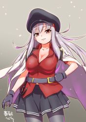 Rule 34 | 10s, 1girl, bad id, bad twitter id, belt, black gloves, black pantyhose, breasts, gangut (kancolle), gangut dva (kancolle), gloves, grey hair, hand on own hip, hat, jacket, kantai collection, large breasts, long hair, looking at viewer, military, military hat, military jacket, military uniform, miniskirt, orange eyes, pantyhose, pleated skirt, red skirt, shungikuten, skirt, solo, uniform