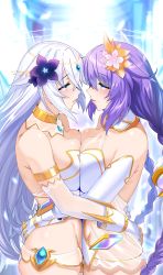 Rule 34 | 2girls, absurdres, bare shoulders, black heart (neptunia), blue eyes, blush, braid, breast press, breasts, eye contact, flower, gloves, hair between eyes, hair flower, hair ornament, halo, highres, hug, imminent kiss, jewelry, large breasts, long hair, looking at another, multiple girls, neptune (neptunia), neptune (series), noire (neptunia), nyamota, parted lips, purple hair, purple heart (neptunia), seductive smile, shiny skin, smile, symmetrical docking, twin braids, very long hair, white hair, yuri