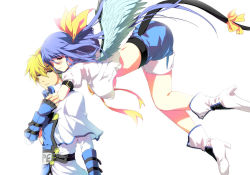 Rule 34 | 1boy, 1girl, arc system works, asymmetrical wings, blue hair, blush, breasts, couple, dizzy (guilty gear), flying, guilty gear, guilty gear xx, hetero, hug, ky kiske, large breasts, midriff, ookami ryousuke, ponytail, ribbon, tail, tail ornament, tail ribbon, underboob, wings