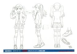 Rule 34 | 1girl, 2016, absurdres, ahoge, character sheet, dated, digimon, digimon universe: appli monsters, female focus, full body, highres, karan eri, monochrome, multiple views, navel, necktie, official art, scan, shoes, smile, standing, thighhighs, twintails
