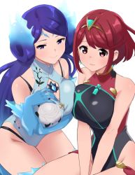 Rule 34 | 2girls, aqua one-piece swimsuit, bad id, bad twitter id, black one-piece swimsuit, breasts, brighid (water lily) (xenoblade), brighid (xenoblade), chest jewel, cleavage cutout, clothing cutout, competition swimsuit, elbow gloves, fiery hair, gloves, highres, large breasts, looking at viewer, mokki, multiple girls, nintendo, one-piece swimsuit, purple eyes, purple hair, pyra (pro swimmer) (xenoblade), pyra (xenoblade), red eyes, red hair, short hair, simple background, smile, swimsuit, tiara, white background, xenoblade chronicles (series), xenoblade chronicles 2