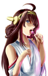 Rule 34 | 10s, 1girl, ahoge, blue eyes, brown hair, candy, detached sleeves, headgear, ishii hisao, kantai collection, kongou (kancolle), lips, lollipop, long hair, nontraditional miko, open mouth, solo, upper body, white background
