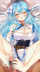 Rule 34 | 1girl, absurdres, ahoge, bare shoulders, barefoot, beret, blue hair, blue neckwear, blush, bottomless, breasts, censored, cleavage, cleavage cutout, clothing cutout, coat, commission, cum, detached sleeves, flower, footjob, frilled shirt, frills, fur-trimmed coat, fur trim, hair between eyes, hair flower, hair ornament, half updo, hat, highres, hololive, large breasts, long hair, looking at viewer, messy hair, multicolored hair, nail polish, niku (hamuchang), off shoulder, penis, pixiv commission, pointy ears, pussy, pussy peek, shirt, sleeveless, sleeveless shirt, sleeves past wrists, streaked hair, sweat, thighs, toenail polish, toenails, toes, underbust, very long hair, virtual youtuber, white headwear, yellow eyes, yukihana lamy