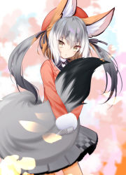Rule 34 | 1girl, absurdres, animal ears, blazer, gloves, hat, highres, island fox (kemono friends), jacket, kemono friends, kemono friends v project, long hair, looking at viewer, necktie, open mouth, rascala39, school uniform, shirt, shoes, silver hair, simple background, skirt, smile, solo, tail, twintails, virtual youtuber