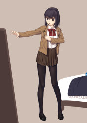 Rule 34 | 1girl, bed, black eyes, black footwear, black hair, black pantyhose, blazer, blunt bangs, bow, bowtie, brown jacket, brown skirt, dress shirt, full body, grey background, hair between eyes, highres, jacket, kukuri (ahagon), kuonji alice, loafers, mahou tsukai no yoru, miniskirt, open clothes, open jacket, open mouth, outstretched arm, pantyhose, pleated skirt, red bow, school uniform, shirt, shoes, short hair, skirt, solo, standing, white shirt