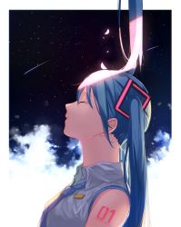 Rule 34 | 1girl, blue hair, blue necktie, border, closed eyes, closed mouth, cloud, collared shirt, from side, hair between eyes, hatsune miku, highres, konomi (kumagai20), long hair, meteor shower, necktie, night, night sky, profile, shirt, shoulder tattoo, sky, sleeveless, sleeveless shirt, solo, star (sky), starry sky, tattoo, twintails, upper body, vocaloid, white border