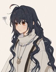 Rule 34 | 1other, ahoge, alternate hairstyle, black hair, closed mouth, expressionless, fate/samurai remnant, fate (series), from side, hair between eyes, hair down, hair intakes, high collar, highres, imomushi, japanese clothes, jewelry, long hair, long sleeves, looking to the side, multicolored hair, necklace, orange eyes, pendant, yamato takeru (fate), shirt, simple background, solo, two-tone hair, upper body, wavy hair, white background, white hair, white shirt