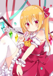 Rule 34 | 1girl, ai 1003, ascot, bare shoulders, blonde hair, blush, bow, candy, closed mouth, commentary request, crystal, detached sleeves, flandre scarlet, food, frilled bow, frilled neckwear, frilled skirt, frills, hair between eyes, hair bow, highres, holding, holding candy, holding food, holding lollipop, lollipop, long hair, orange ascot, puffy short sleeves, puffy sleeves, red bow, red eyes, red shirt, red skirt, sailor collar, shirt, short sleeves, side ponytail, sidelocks, skirt, skirt set, sleeveless, sleeveless shirt, smile, solo, swirl lollipop, touhou, white sailor collar, white sleeves, wings, wrist cuffs