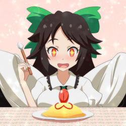 Rule 34 | + +, 1girl, :d, blush, bow, breasts, brown hair, cape, cato (monocatienus), eyebrows, food, hair bow, hair ribbon, happy, large bow, long hair, medium breasts, omelet, omurice, open mouth, plate, red eyes, reiuji utsuho, ribbon, smile, solo, sparkle, spoon, table, third eye, touhou, wings
