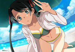 Rule 34 | 1girl, :o, alternate costume, beach, bikini, breasts, cleavage, commentary, day, green eyes, green hair, kantai collection, kneeling, long hair, looking at viewer, medium breasts, mikuma (kancolle), navel, open mouth, outdoors, parasol, r-king, solo, swimsuit, twitter username, umbrella